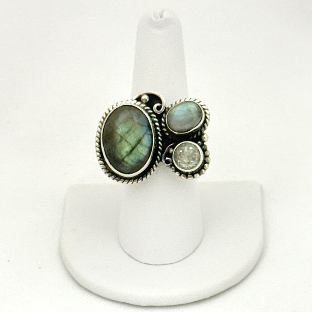 Labradorite and Faceted Green Amethyst Sterling Silver Statement Ring - Size 8
